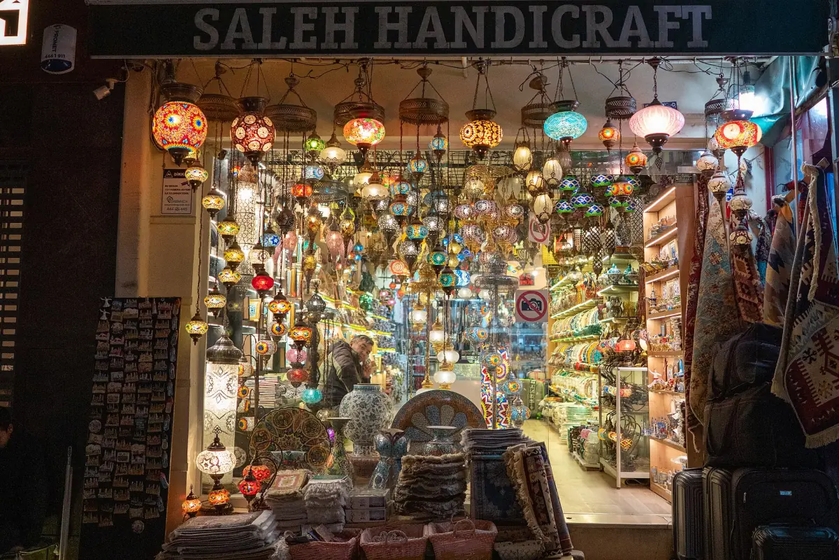 A shop with mosaic chandeliers